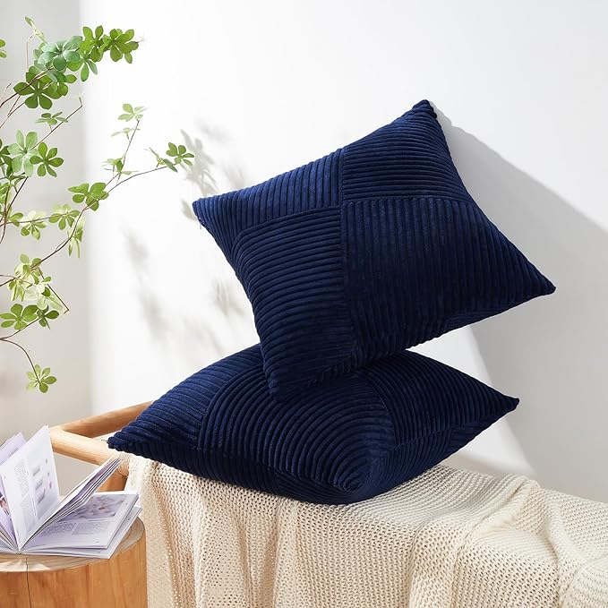 Topfinel Fall Pillow Covers Set of 2 Soft Corduroy Boho Strip Textured Blue Pillow Covers Modern Farmhouse Cute Autumn Home Decor Blue Living Room Sofa Couch Bed 45x45 cm