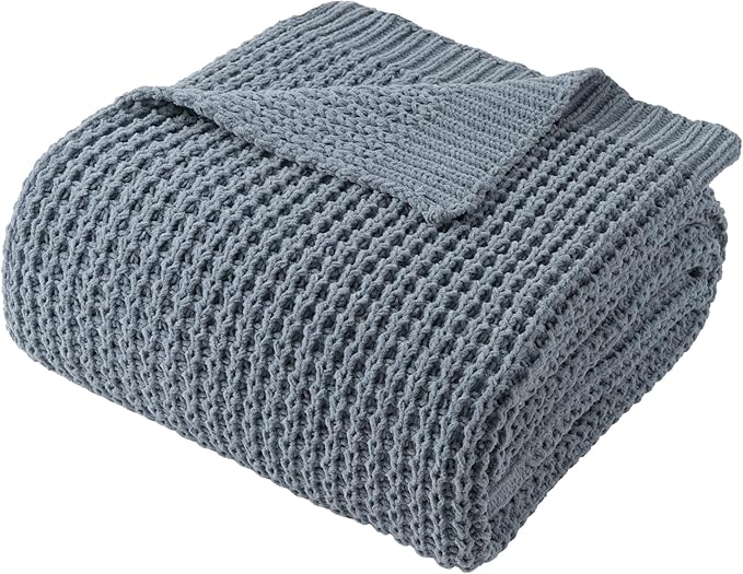 Bunnikins & Clover Blue Grey Throw Blanket for Couch, Thick Warm Soft Cozy Knitted Chenille Throw Blanket for Sofa, Bed, Living Room, 50"x60"