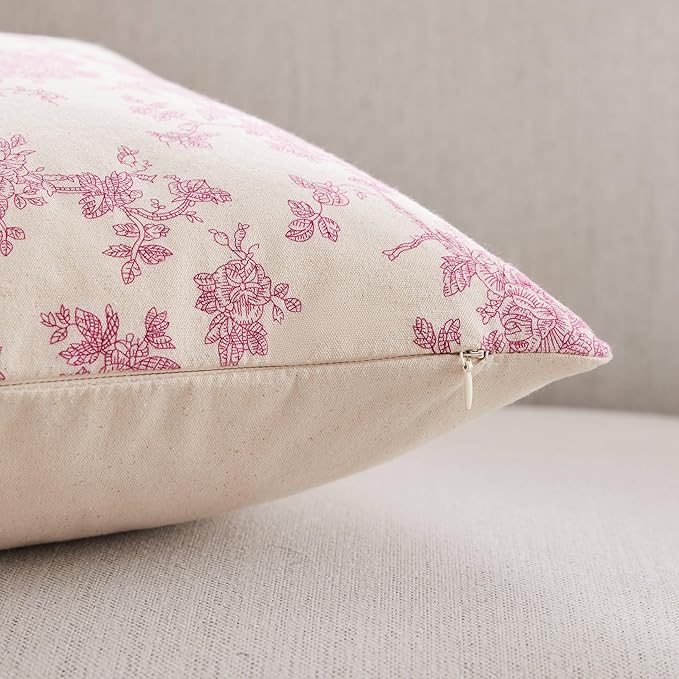 100% Cotton French Pastoral Throw Pillow Covers Set of 2, 18x18 Inch Pink Farmhouse Decorative Cushion Covers for Sofa Bed Living Room Home Decor