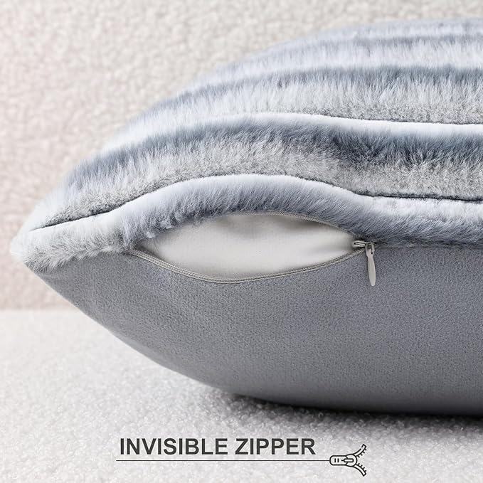 Pallene Faux Fur Plush Throw Pillow Covers 26x26 Set of 2, Luxury Soft Fluffy Striped Decorative Pillow Covers for Sofa, Couch, Living Room, Ombre Grey
