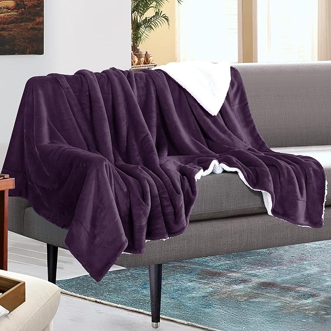 Mocassi Premium Ultra-Soft Velvet Touch Flannel Fleece Sherpa Throw - Warm Cozy Reversible Plush Micromink Throw Blanket for Couch, Bed and Sofa - Fluffy, Christmas Winter Bedding Gift, Purple