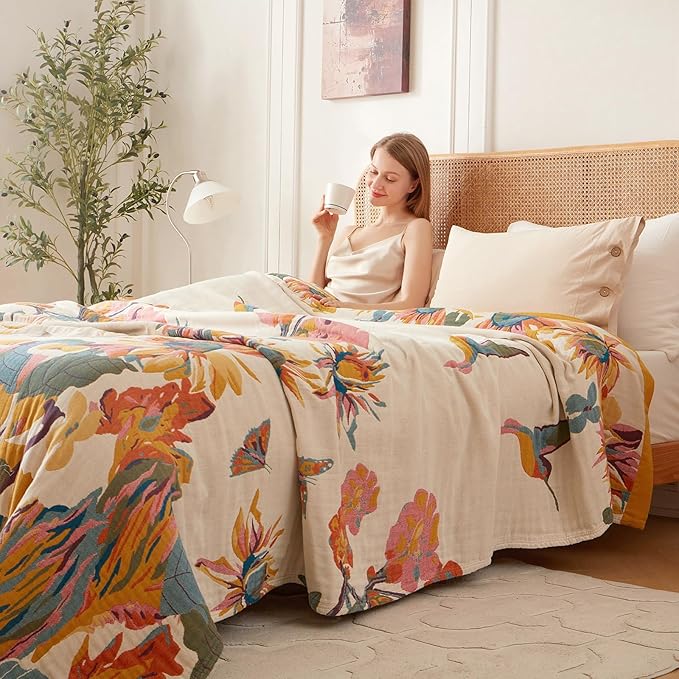 Boho Throw Blanket - 100% Cotton Soft Throw Blanket for Bed, 60"x80" Reversible Breathable Lightweight Spring Blankets, All Seasons Farmhouse Decor Floral Plant Butterfly Throw Quilt
