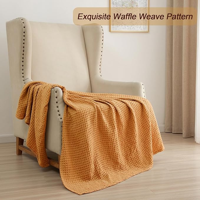 PHF Ultra Soft Waffle Weave Blanket King Size 104"x 90"- Washed Lightweight Breathable Cozy Woven Blanket for Bed - Aesthetic Decor for Couch Bedding Sofa Home Car - Orange