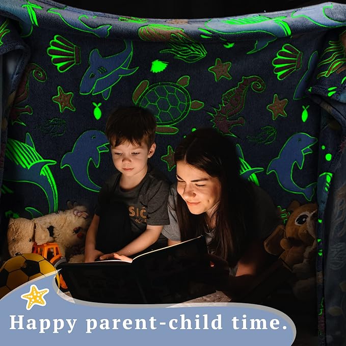 Easter Gifts for Boys Ocean Glow in The Dark Blanket for Girls Kids Turtle Fish Soft Throw Blanket for Couch Bed Easter Birthday Christmas 50" x 60"