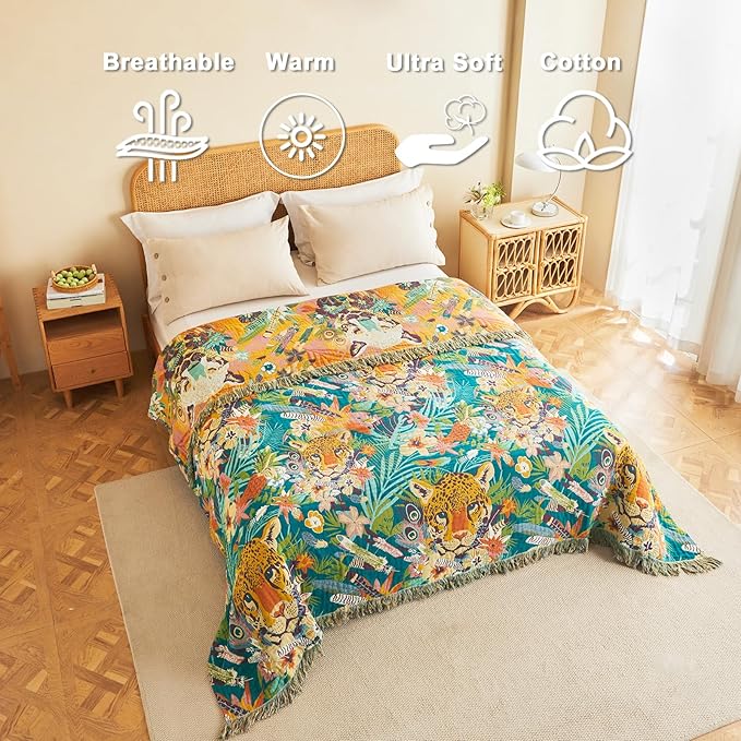 Throw Blanket for Bed Couch Sofa Soft Cotton Twin Breathable Spring Blankets for Bedroom Living Room All Season Reversible Quilt Leopard Throws Whimsical Home Decor 60"x80"