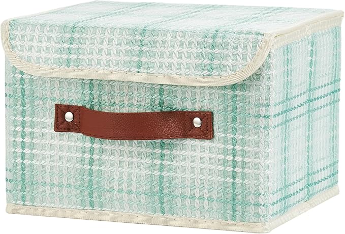 Storage Boxes with Lid 3D Textured Fabric Storage Bins Closet Organizer Containers Decorative Collapsible Washable Shelf Baskets with Faux Leather Handles (Mint Green, Small Size)