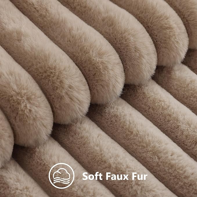 decorUhome Cozy Faux Fur Throw Pillow Covers 24x24 Set of 2 Decorative Soft Plush Striped Modern Farmhouse Boho Couch Euro Sham Pillow Cases with Velvet Back for Sofa Bed Living Room, Khaki Brown