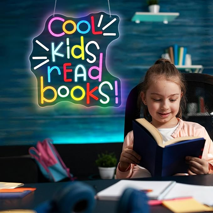 Neon Sign, Gdbkabf Cool Kids Read Books Neon Signs for Wall Decor LED Light Up Signs Home Decor for Classroom, Bedroom, Reading Corner, Study Room, Library Decoration USB Operated