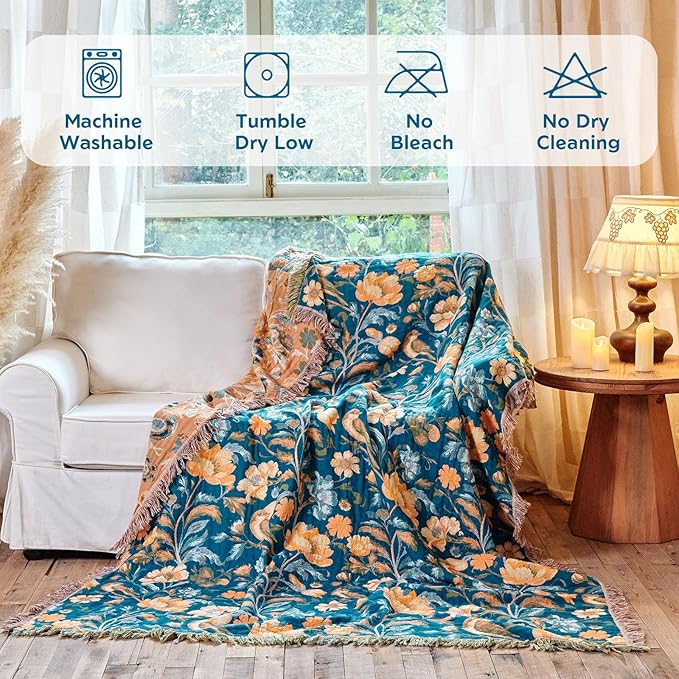 Boho Throw Blanket 60"x80" 100% Cotton Floral Twin Size Bed Blanket with Flower Bird,Reversible Soft Breathable Lightweight Spring Decorative Blankets with Fringe for Couch Sofa Decor All Season