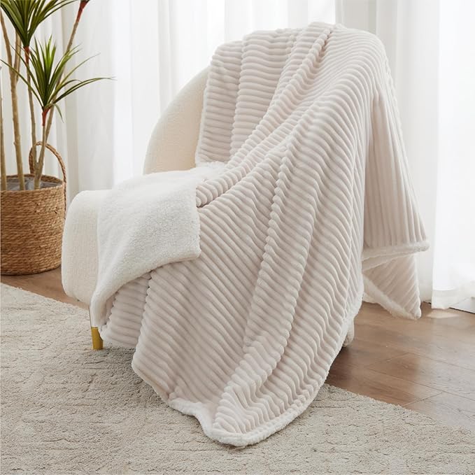 Sherpa Throw Blanket for Couch - Super Soft & Thick, White Throw Blanket, Warm Blankets for Winter, Fluffy Blanket for Sofa Bed, Striped Fleece, Cream, 50x60 Inches