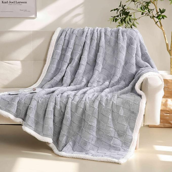 Sherpa Throw Blanket for Couch, Flannel Cozy Soft Thick Blanket for Bed - Fleece, Light Grey, 60x80 Inches