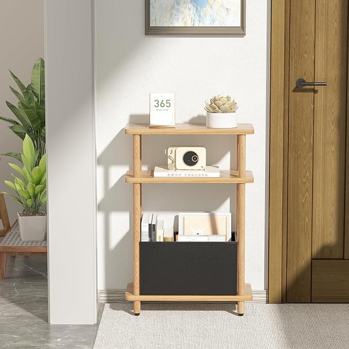 Narrow Side Table with Fabric Basket, 7" Wide, 3 Tier Skinny End Table with Wood Legs, Slim Nightstand/Bedside Table for Small Spaces, with Adjustable Feet, 15.7" L x 23" H