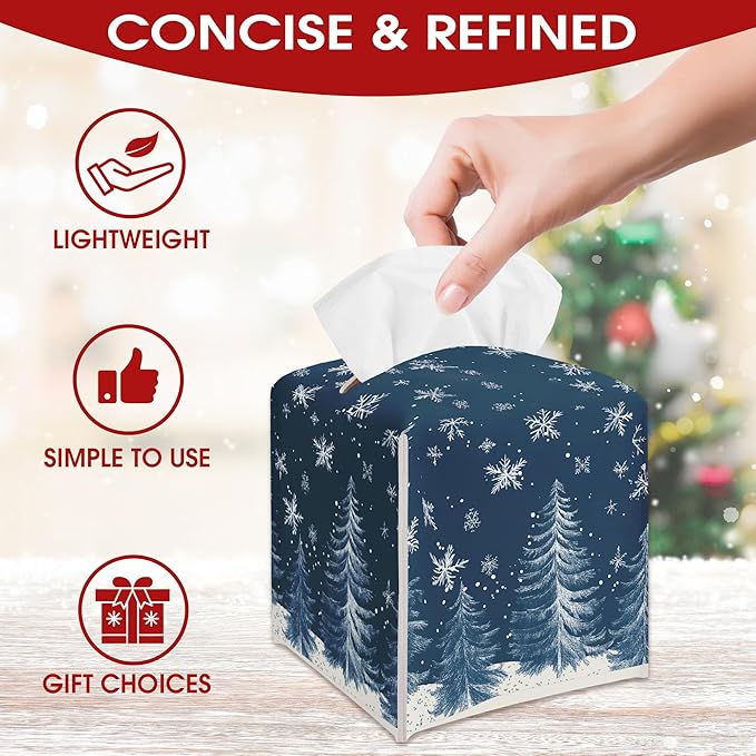 Christmas Trees Snowflake Leather Tissue Box Cover Holder, Blue Tissue Box Cover Square, Xmas Gift Ideas for Family Friends, Bathroom Kitchen Car Office Home Table Decor(5.2 Inches)-B14
