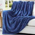 decorUhome Soft Fleece Navy Blue Twin Blanket for Bed, Cozy Fluffy Plush Flannel Striped Throws for Couch Sofa, Lightweight Decorative Ribbed Fuzzy Blanket for Woman, 60x80 Inches