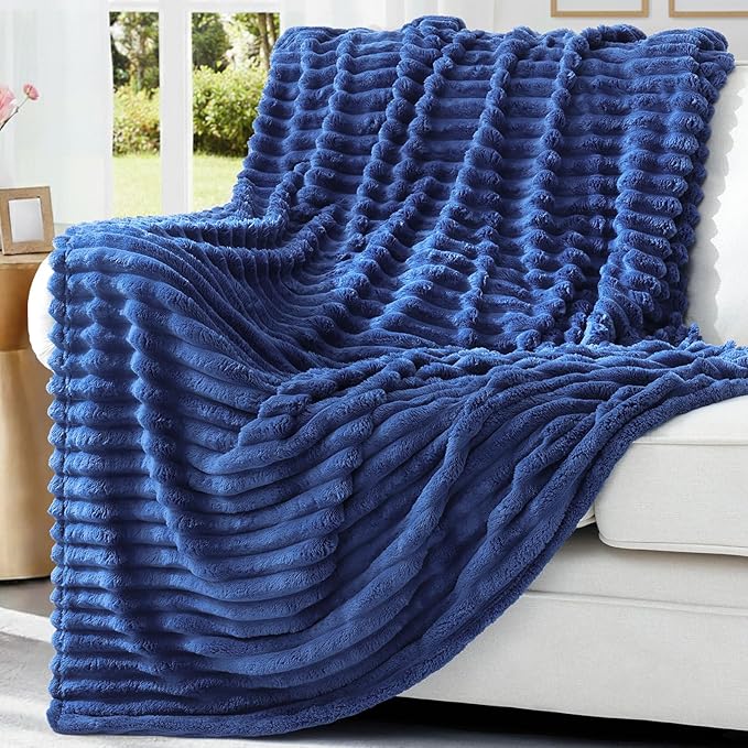 decorUhome Soft Fleece Navy Blue Twin Blanket for Bed, Cozy Fluffy Plush Flannel Striped Throws for Couch Sofa, Lightweight Decorative Ribbed Fuzzy Blanket for Woman, 60x80 Inches