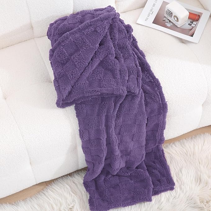 Lavender Fleece Throw Blanket 50”×60” for Couch Sofa Bed,Super Soft Cozy Plush Microfiber Flannel Blanket with 3D Checkered Design Lightweight for Adults,Woman,Girls