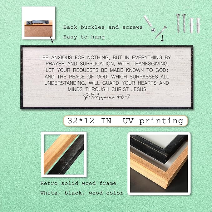 LuZhiQiang Bible Verse Wall Art Be Anxious for Nothing Christian Inspirational Sign 32"×12" Philippians 4:6-7 Rustic Religious Home Decor for Living Room Large Scripture Wood Framed Hanging (Black)