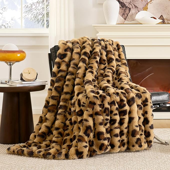 Cozy Bliss Cheetah Leopard Print Faux Fur Throw for Couch, Fuzzy Soft Plush Thick Bubble Blanket for Sofa Bedroom Living Room, 60x80 Inches Brown