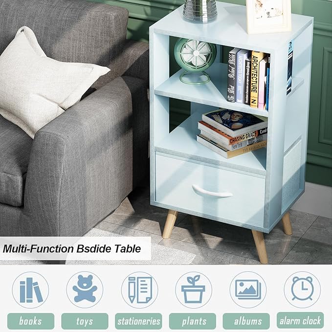 Night Stand, Blue Nightstand with Drawer, Side Table with Open Storage, 3-Tier Modern End Table, Bedside Table for Small Space, Living Room, Bedroom