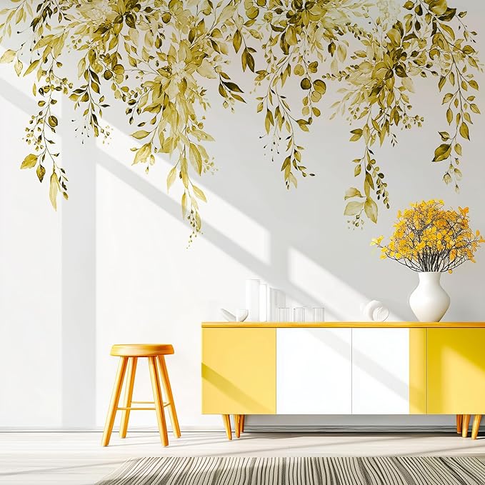 Yellow Plants Leaves Wall Decals Peel and Stick, Large Floral Flowers Vinyl Wall Stickers, Removable Vine Home Decor Art for Bedroom Living Room Classroom Office