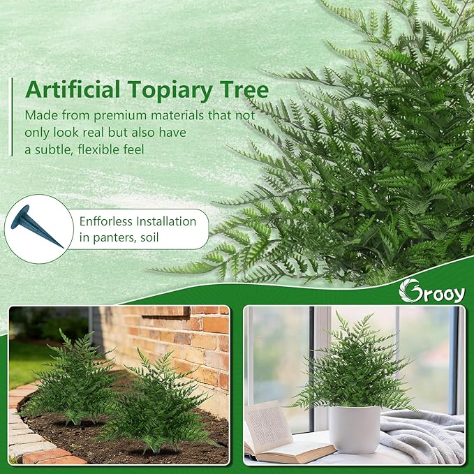 Artificial Fern Topiary Ball with Ground Spike, Set of 2 Realistic Boston Fern Plants Shrub, Fake UV Resistant Evergreen Bushes Tree for Porch Garden Indoor Outdoor Decor