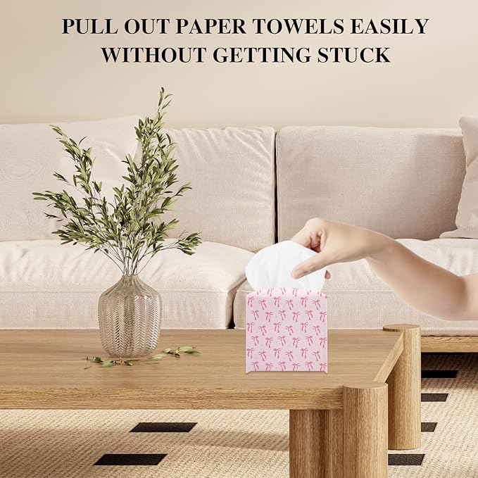 Pink Bows Tissue Box Cover, Cute Tissue Holder Square with Bottom Belt for Home Bathroom Office Vanity Countertop, Housewarming Gifts Ideas for Women Friends Mom Bestie -14