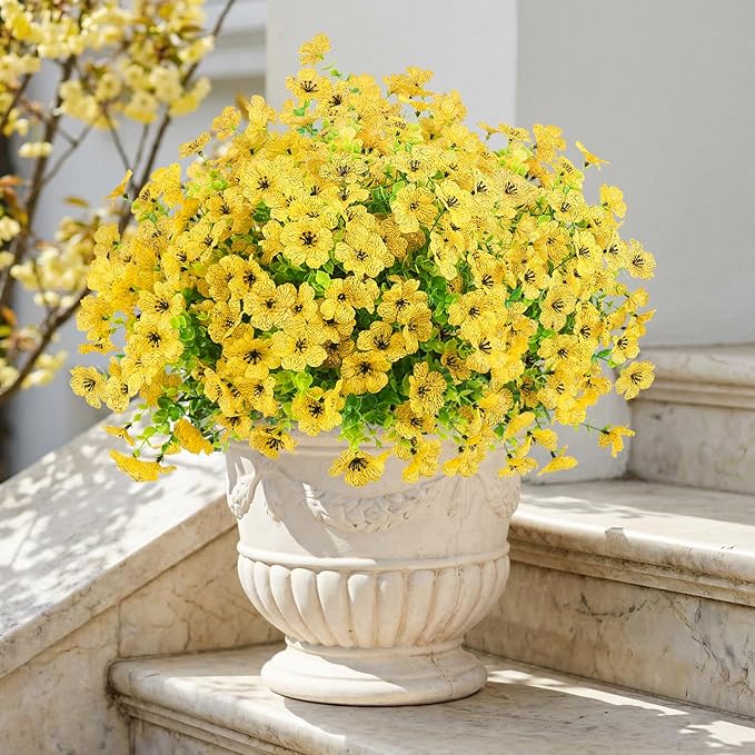 Artificial Flowers Outdoor Faux Plants UV Resistant Fake Patio Flowers Plastic Greenery Plnats Outside Bulk for Spring Garden Hanging Planter Home Vase Decor, 12 Bundles (Yellow)
