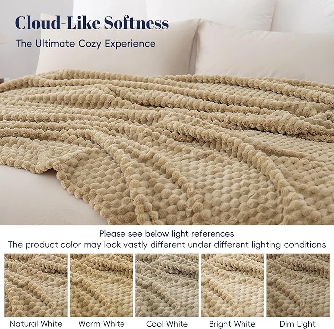 PHF Ultra Soft Flannel Fleece Blanket Queen Size, Lightweight 3D Jacquard Fleece Blanket, No Shedding, No Pilling, Luxury 340GSM Aesthetic Fluffy Cozy for Bed Room Decor, 90"x90", Khaki