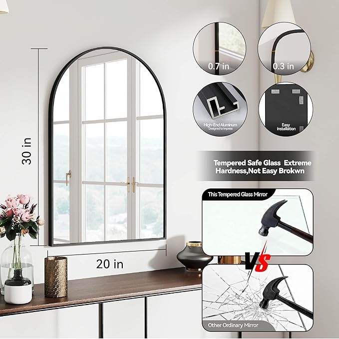 30x20 Arch Mirror Rectangle Wall Mounted Hanging or Against Wall Aluminum Alloy Metal Frame Dressing Make-up Mirrors for Entryway Bedroom Bathroom Living Room 30 20 inch Black