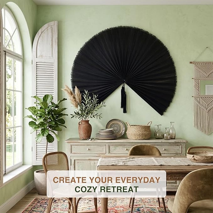 Chicvillage Bamboo Wall Fan Decor - 47” Handmade Woven Bamboo Wall Hanging Fan, Large Japanese Fan Wall Decor for Above Bed, Boho Natural Asian Wall Art, Lightweight & Easy to Hang (Black)