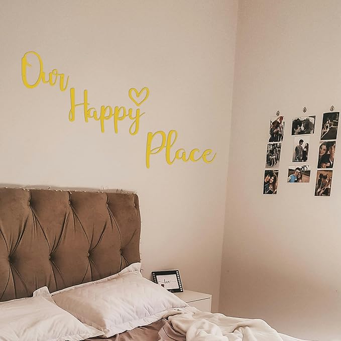 Our Happy Place Sign Metal Wall Decor Hanging Art Words Home Decor for Patio, Living Room, Bedroom, Kitchen, Bathroom and More, Gold