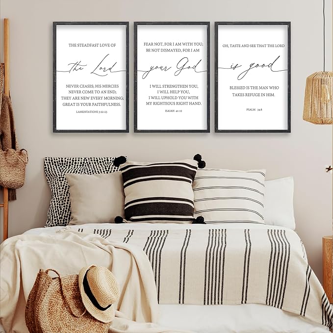 The Lord Your God Is Good Bible Verses Wall Art Decor Set of 3 11"x16" Bedroom Above Bed Inspirational Christian Scripture Wood Framed Sign Rustic Home Living Room Office Wall Hang (Black)
