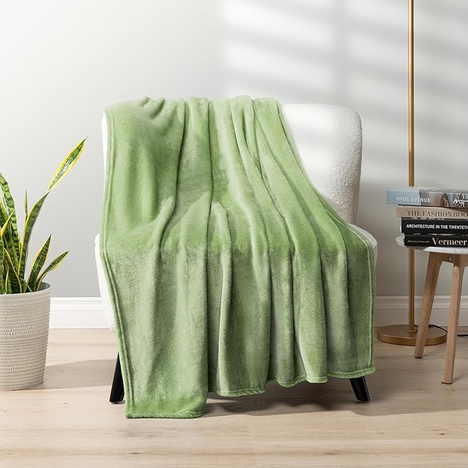 PAVILIA Sage Green Fleece Throw Blanket for Couch, Light Olive Soft Fuzzy Flannel Throw for Sofa, Luxury Plush Microfiber Bed Blanket, Cozy Home Decorative Velvet Gift Blanket, 50x60