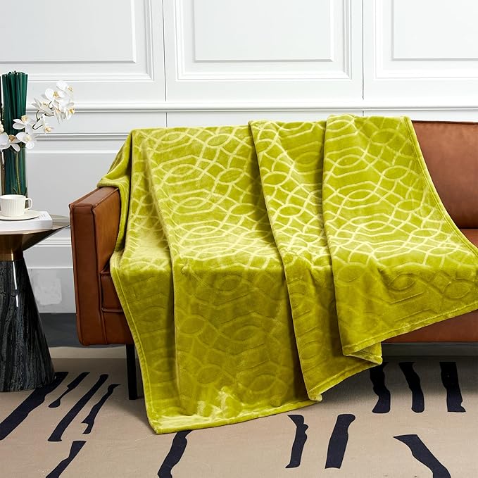Soft Cozy Fleece Queen Size Blanket, 90x90 Inches – Lightweight Plush Blanket for Bed, Fuzzy 3D Jacquard Design - Olive Green