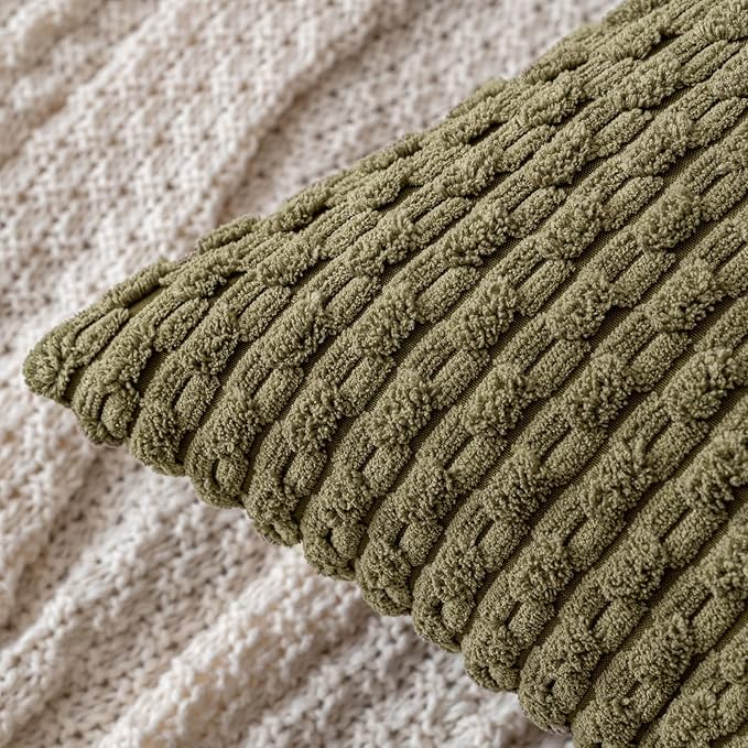 MIULEE Pack of 2 Decorative Throw Pillow Covers 20x20 Inch Soft Boho Striped Textured Corduroy Pillow Covers Modern Farmhouse Home Decor for Couch Bed Sofa Living Room Olive Green