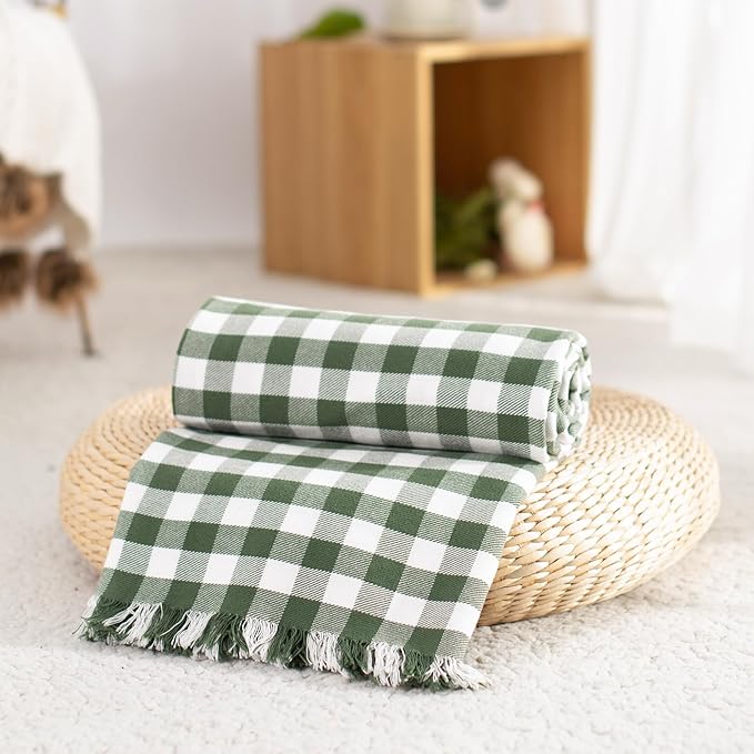 100% Cotton Throw Blanket Plaid Soft Lightweight Cozy Farmhouse Tassels Summer Thin Breathable Throws for Couch Sofa Bed (50" × 60" Green)