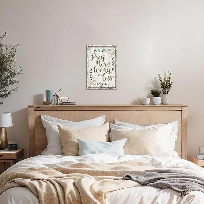 Inspirational Christian Wood Wall Decor: Pray More Worry Less Framed Print Art Rustic Bible Verse Picture Religious Scripture Quotes Artwork for Bedroom Living Room Home Farmhouse