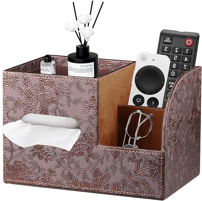 PU Leather Tissue Box Cover Square,Tissue Box Holder Organizer with Storage Tray and Remote Control Holder for Bathroom Countertop Night Stands Bedroom Office Desk,Napkin Caddy Decorative Black