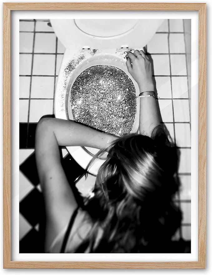 EcoHest Trendy After the Disco Party Framed Wall Art, 12x16 in OAK Wood Black and White Funny Bathroom Canvas Art, Teen Girl Poster College Dorm Decor, Set of 1 for Bedroom Living Room