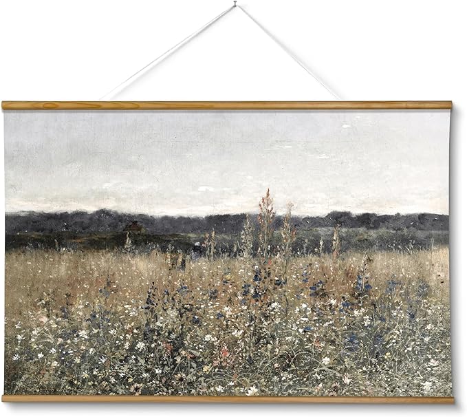 ARPEOTCY Extra Large Vintage Framed Wall Art, 36x54 Inch Flower Meadow Landscape Hanging Framed Wall Art Decor for Living Room Bedroom, Canvas Prints, Retro Scenery Pictures Above of Bed