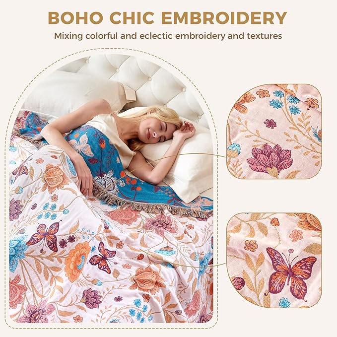 Boho Throw Blanket for Couch Sofa Chair Cotton Spring Blankets for Bedroom Living Room All Season Soft Lightweight Reversible Floral Butterfly Embroidery Decorative Throws 50"x60" Home Decor