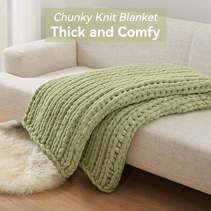 Chunky Knit Throw Blanket, 50''*60'' Knitted Throw Chenille Yarn for Bed Couch, Handmade Light Green Crochet Big Thick Blanket, Machine Washable Cute Comfy Blanket for Home Decor