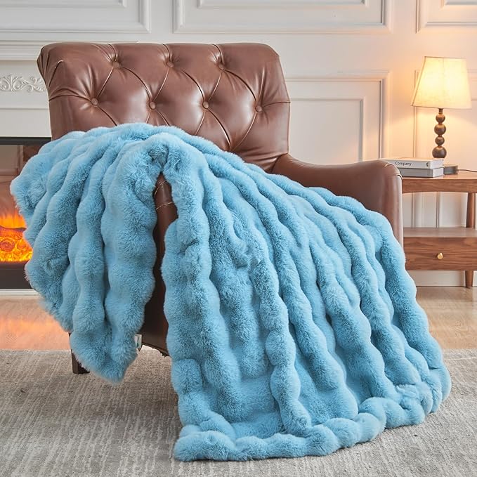 NEWCOSPLAY Faux Fur Twin Blanket Blue Luxury Fluffy Thick Warm Bubble Blanket for Couch Sofa Bed 1000GSM (Blue Bubble Thick, Twin(60"x80"))