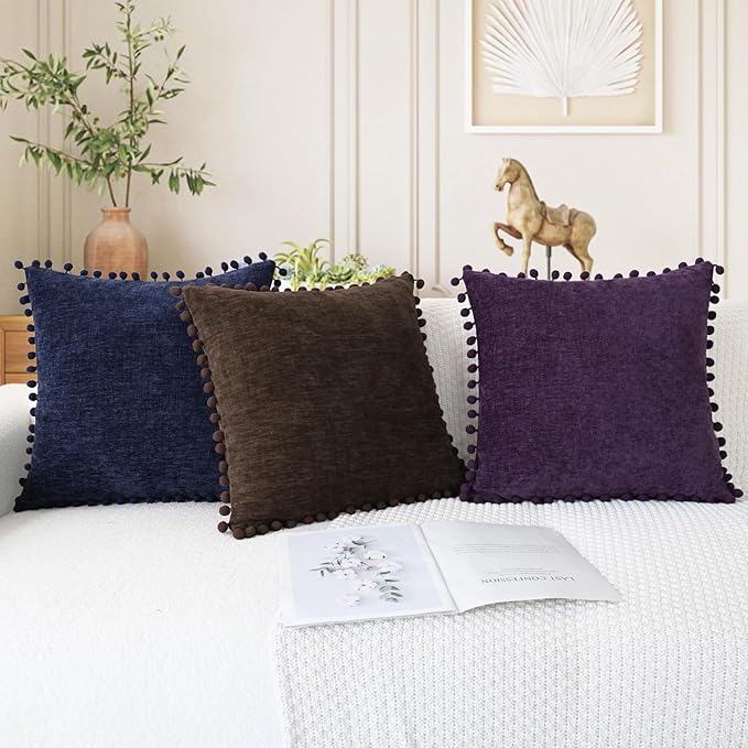 CaliTime Throw Pillow Covers Decorative 20 X 20 Inches Pack of 2 Cozy Solid Dyed Soft Chenille Cushion Cases with Pom Poms for Couch Sofa Bed Living Room Home Coffee