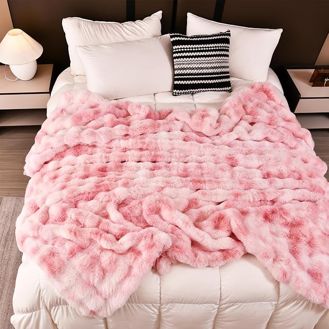 H&D Faux Fur Throw Blanket for Couch,Fluffy Cozy Soft Plush Luxury Thick Fuzzy Fleece Blanket for Couch Bed Sofa Bedroom Living Room,Comfy Bubble Blanket