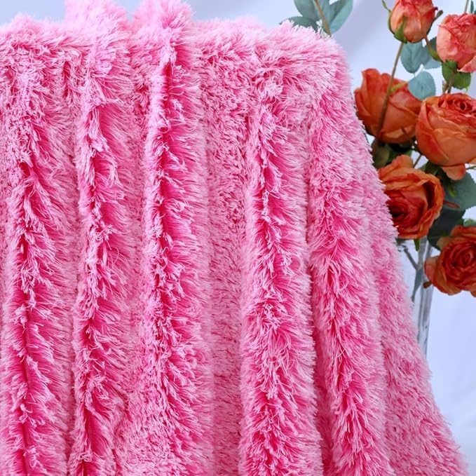 Plush Super Soft Blanket Bedding Sofa Cover Furry Fuzzy Fur Warm Throw Qulit Cozy Couch Blanket for Winter (51"x63",Rose Pink and White)