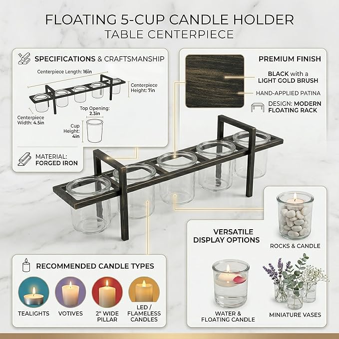 Seraphic 5-Cup Rustic Modern Floating Candle Holder Table Centerpiece Decoration for Dining Room, Kitchen, Patio, Weddings, Metal Iron with Glass Cups, 16" Long