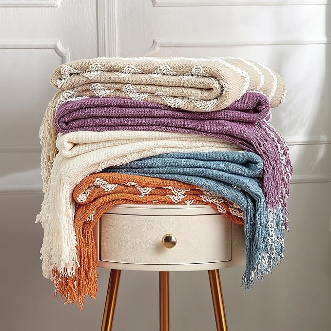 BOURINA Fluffy Chenille Knitted Fringe Throw Blanket Lightweight Soft Cozy for Bed Sofa Chair Throw Blankets, Beige 50" x 60"