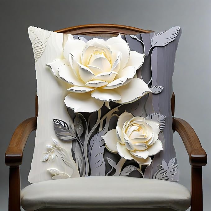 2D Flat, 2pcs Elegant White Rose Linen Throw Pillow CoverDecorative, White and Gray Rose Design, Elegant Home Decor Cushion Case，18x18 Pillows Linen Pillowcase