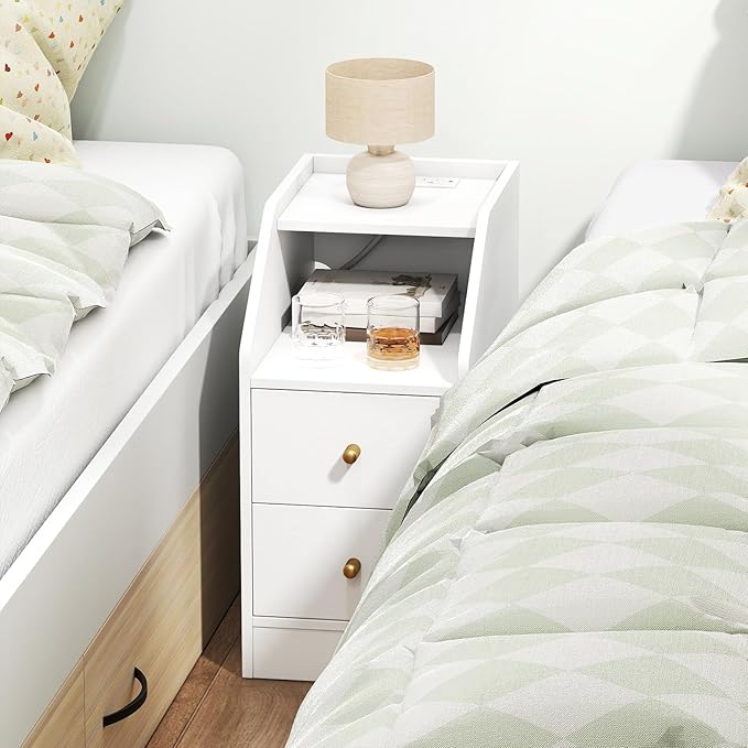 KOMFOTT Set of 2 Side Tables with Charging Station, End Tables with Storage Drawers, Sofa Couch Tables for Small Space, Modern Nightstands for Bedroom (White,2)